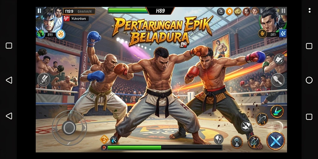 Tangkapan layar H89 menampilkan pertarungan intens antara karakter dalam arena yang dinamis.