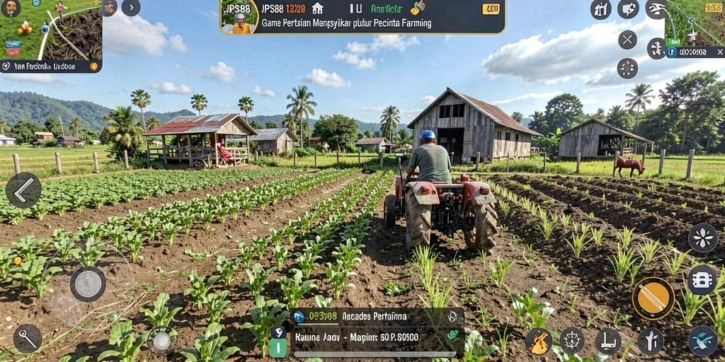 Screenshot gameplay menunjukkan aktivitas pertanian yang seru di JPS88.