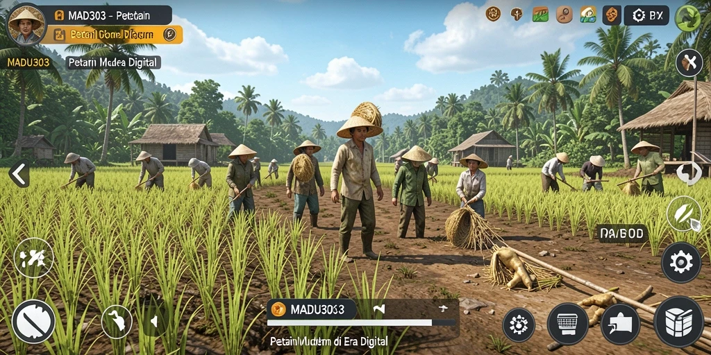 Screenshot gameplay <strong>MADU303</strong> menunjukkan kebun yang subur dan hewan peliharaan yang bahagia.