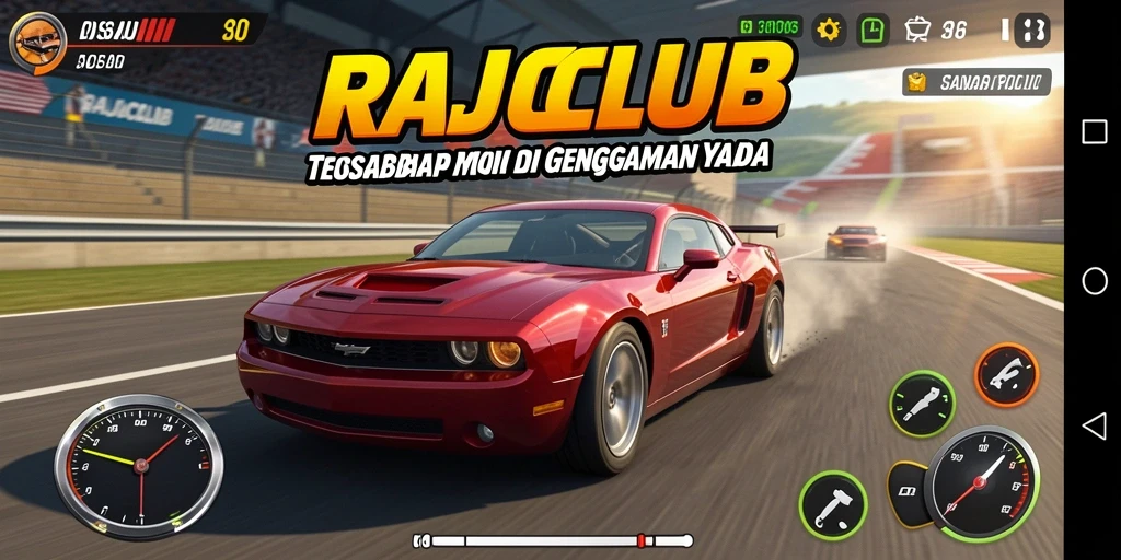 Screenshot menunjukkan aksi balapan mendebarkan dalam RAJACLUB.
