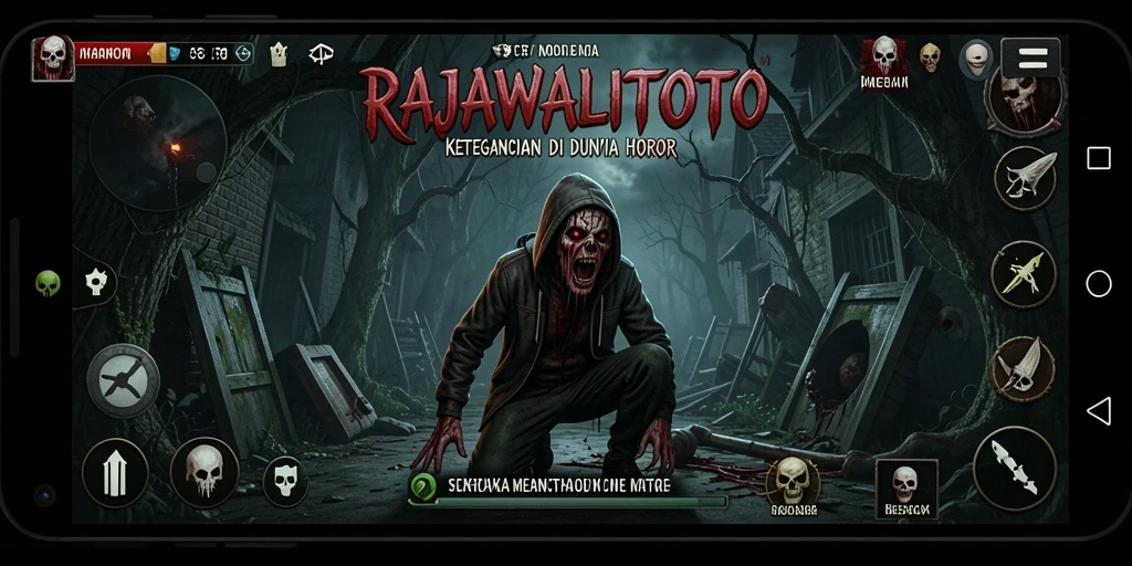 Tampilan gameplay seram dalam RAJAWALITOTO dengan suasana horor yang mencekam.