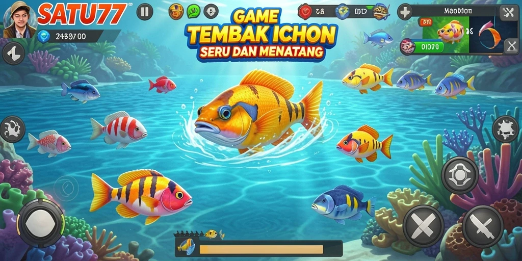 Screenshot gameplay SATU77 menampilkan aksi seru menangkap ikan.